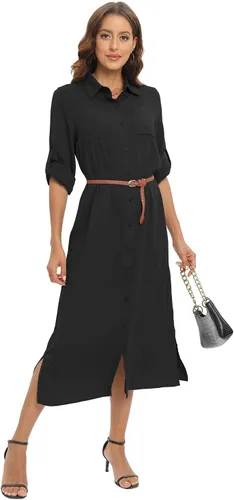 Vista 2 de Vestido elegante casual con botones y manga enrollada, maxi vestido largo con abertura y cinturón para mujer
