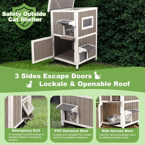 Vista 5 de Casa para Gatos de Exterior Resistente a la Intemperie, Refugio de Casa para Gatos Ferales de Madera de Dos Pisos con 2 Puertas de Escape