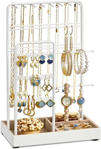 Vista 8 de SONGMICS Soporte para joyas, organizador de joyas, soporte de exhibición de joyería con marco de metal y bandeja de terciopelo, soporte de pulsera