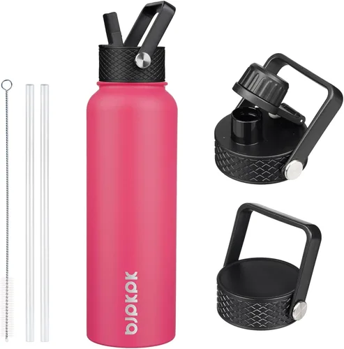 Vista 35 de BJPKPK Botellas de Agua Aisladas con Tapa de Pajita, Botella de Agua de Acero Inoxidable de 18oz, Termo Frío Caliente con 3 Tapas, Vaso de Viaje a