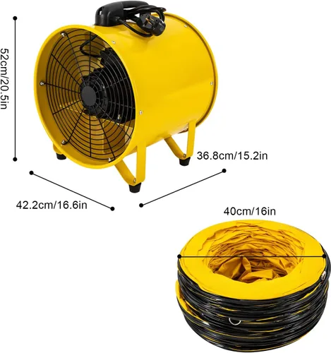 Vista 7 de Ventilador de ventilador utilitario, 16 pulgadas, 1100 W, 2160 y 3178 CFM, ventilador de alta velocidad con manguera de conducto de 32.8 pies