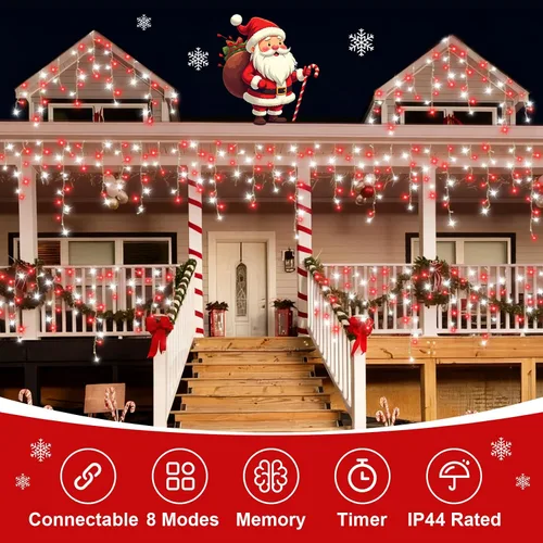 Vista 2 de QITONG - Tira de luces de carámbanos rojas y blancas para exteriores, 33 pies con 400 LED, 8 modos, alambre transparente, luces de Navidad