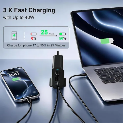 Vista 3 de Estación de carga de 165 W, cargador de escritorio de 6 puertos, 3 puertos 40 W, color negro Multi-Device Charger, 3 PD USB C 40W and 3 15W USB A