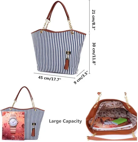 Vista 6 de Bolso de lona para mujer con borlas y rayas, bolso de hombro de gran capacidad