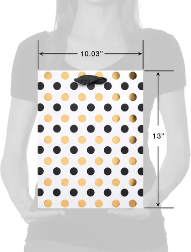 Vista 4 de Papyrus Bolsa de regalo grande de 13 pulgadas (lunares negros y dorados) para cumpleaños, bodas, despedidas de soltera, baby shower y todas