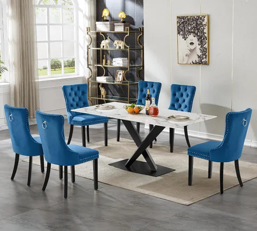 Vista 17 de Juego de mesa de comedor de mármol blanco para 4, 70 pulgadas, mesa de comedor de mármol blanco con 4 sillas de terciopelo beige y base de acero al