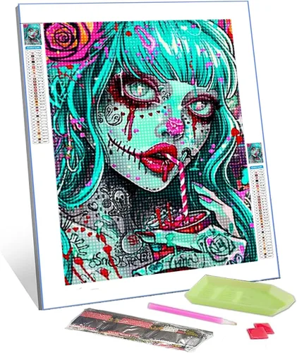 Vista 9 de Pintura de diamantes de calavera de azúcar 5D, kit de numeración, arte del día de la muerte, arte de pared de rosa roja, arte de pared con diamantes