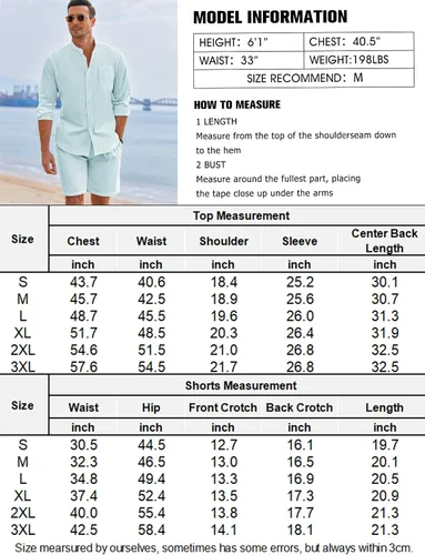 Vista 6 de COOFANDY Conjuntos de lino para hombre, 2 piezas, camisa de manga larga y pantalones cortos casuales con cordón en la cintura, trajes de verano