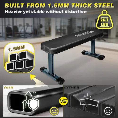Vista 4 de Banco de peso plano, banco de entrenamiento de 660 libras, equipo de ejercicio de prensa de banco para gimnasio en casa, entrenamiento de fuerza