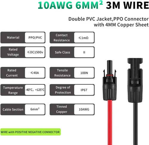 Vista 2 de Cable de extensión solar de 20 pies, cable de panel solar de 10 AWG de conexión profesional conectores hembra y macho, alambre de cobre estañado