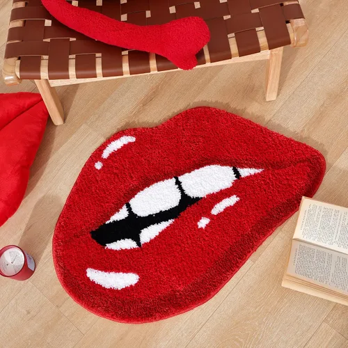 Vista 3 de Panstar Alfombra de baño de labios rojos, bonita y divertida alfombra de baño con forma de labios mordedores, antideslizante, absorbente, alfombra