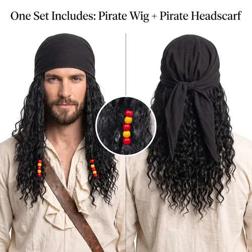 Vista 2 de Juego de 2 piezas de peluca pirata y bandana para hombres y mujeres