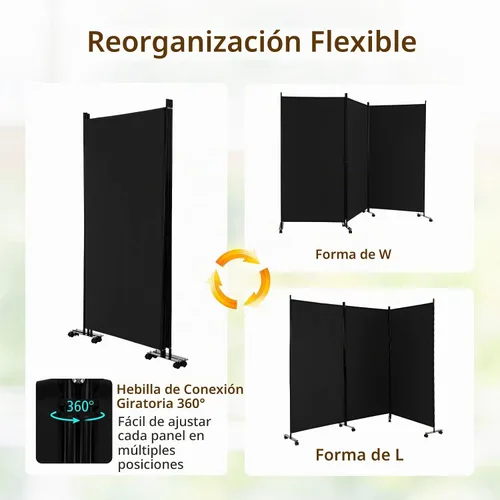Vista 5 de GOFLAME Divisor de habitación plegable de 3 paneles, pantalla de privacidad enrollable de 6 pies con ruedas bloqueables, pantalla de partición