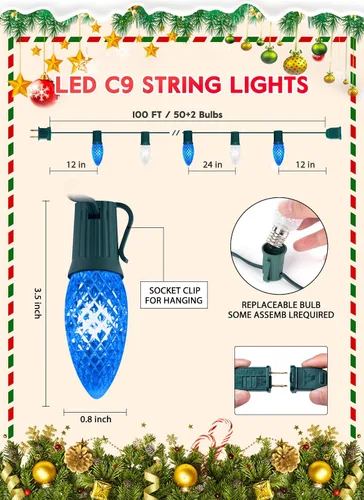 Vista 2 de Luces de Navidad para exteriores, cadena de luces LED de 100 pies con bombillas C9 de fresa azul y blanca, impermeable, conectable, certificado UL