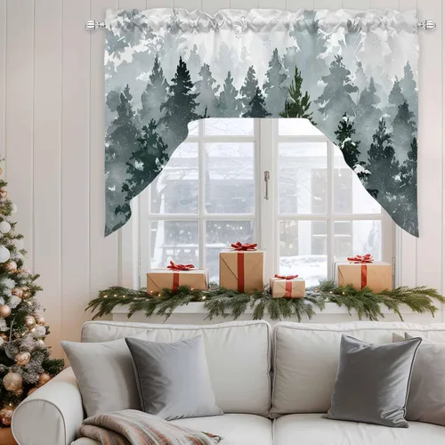 Vista 3 de Cortinas de cocina, cenefa con festón de Navidad, con bolsillo para barra, paneles de cortina para dormitorio, sala de estar, baño, cafetería