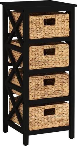 Vista 15 de eHemco Mesa auxiliar de 3 niveles con diseño en X y cestas de mimbre para mesita de noche, sala de estar, negro 3 cestas de mimbre, para mesita