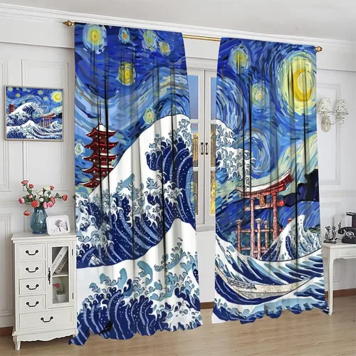 Vista 4 de Cortinas opacas con bolsillo para barra de arte asiático japonés para dormitorio, diseño de anime azul, océano, fantasía, cielo estrellado, Torii