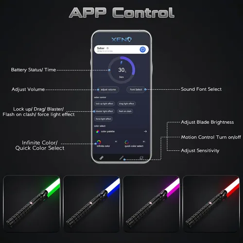 Vista 3 de Sables de luz para duelo con balanceo suave con APP – Sables de luz RGB cambiables de 16 colores, empuñadura de metal con control de movimiento