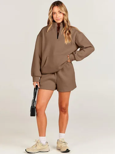 Vista 6 de Caracilia Conjunto deportivo de 2 piezas para mujer, sudadera de gran tamaño con media cremallera y pantalones cortos a juego para el otoño