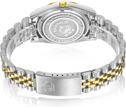 Vista 5 de PASOY Reloj de moda para hombre, tamaño unisex, acero inoxidable, fecha, dorado, bisel, plateado, reloj de pulsera de 1.417in, Moda