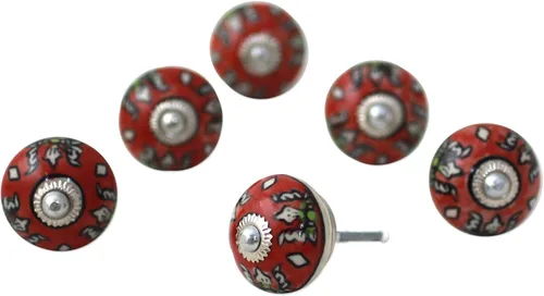 Vista 2 de NOVICA Perillas decorativas de metal de cerámica roja para gabinete, diseño floral de flores rojas (juego de 6, tornillos incluidos)