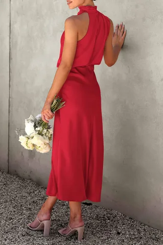 Vista 3 de PRETTYGARDEN Vestido de satén de verano 2023 para mujer, elegante, sin mangas, con cuello alto falso, para cóctel, fiesta, maxi vestidos