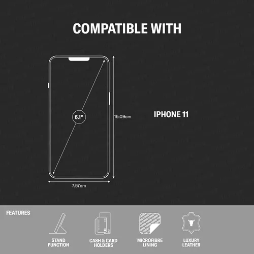 Vista 2 de TORRO Funda de cuero compatible con iPhone 11 – Funda de piel auténtica con tarjetero y función atril (negro)