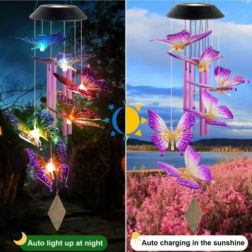 Vista 2 de Campanillas de viento solares de mariposas, nuevo regalo para todas las mamás/papás/mujeres/abuelas/hijas/tías/amigas/esposas y hermanas. Decoración