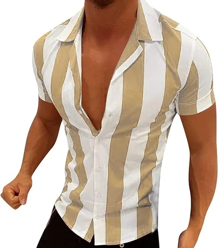 Vista 3 de Camisas de manga corta para hombre, estilo casual, ajustado, a rayas, de algodón, de ajuste regular, para la playa (caqui, talla M), Caqui