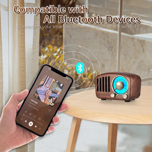 Vista 3 de Altavoz Bluetooth retro, radio FM Radio-Greadio vintage con estilo clásico antiguo, fuerte mejora de graves, volumen fuerte, conexión inalámbrica