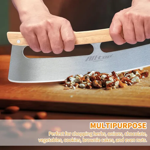 Vista 5 de ALLTOP Cortador de pizza Rocker – Hoja de corte de acero inoxidable de alto rendimiento con mango de madera de una sola pieza – Accesorio de pizza