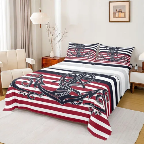 Vista 13 de Erosebridal Juego de sábanas de ancla náutica, sábanas de brújula oceánica, tamaño individual para niños, adolescentes, adultos, decoración