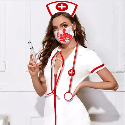 Vista 4 de Seiddons 6 piezas de accesorios de enfermera de Halloween, diadema de enfermera, sombrero de enfermera, conjunto de cosplay con estetoscopio