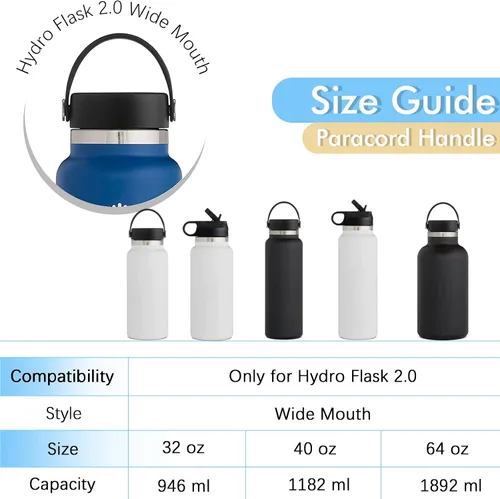 Vista 2 de Paracord Handle for Hydro Flask Water Bottles Standard/Wide Mouth, Strap Holder with Safety Rubber Ring & Carabiner, Easy to Carry and Durable