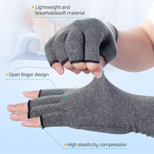 Vista 4 de Guantes de compresión para artritis, 2 pares de muñequeras con soporte para manos sin dedos para hombres y mujeres, guantes para aliviar el dolor
