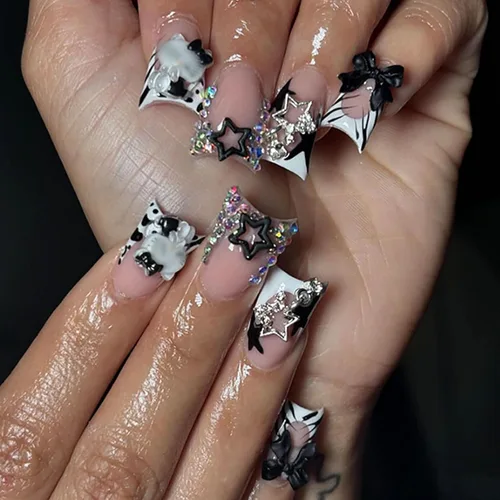 Vista 15 de 24 uñas postizas cuadradas a presión, cortas, bonitas, florales, acrílicas, con diseños de flores de arcoíris, uñas reutilizables con pegamento
