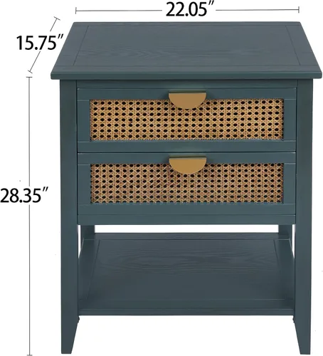 Vista 13 de ZeHuoGe Mesita de noche de ratán, mesa auxiliar con 2 cajones profundos, fusión moderna-rústica, gris, 22 pulgadas de ancho x 28.35 pulgadas de alto