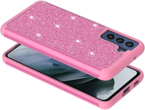 Vista 5 de Diseñada para Samsung Galaxy S21 FE Phone Glitter Case con vidrio templado, resistente de doble capa a prueba de golpes, funda protectora