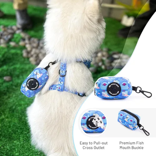 Vista 4 de QQPETS Arnés para perro con correa y soporte para bolsa de excrementos, juego de 4 piezas, ajustable sin tirones, chaleco acolchado de malla suave