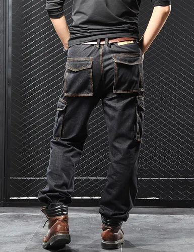 Vista 3 de Yeokou Men's Casual Loose Hip Hop Denim Work Pants Jeans with Cargo Pockets