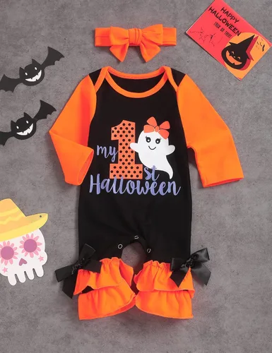 Vista 2 de TUEMOS Body de Halloween para bebé niña con diadema, primer conjunto de ropa de Halloween