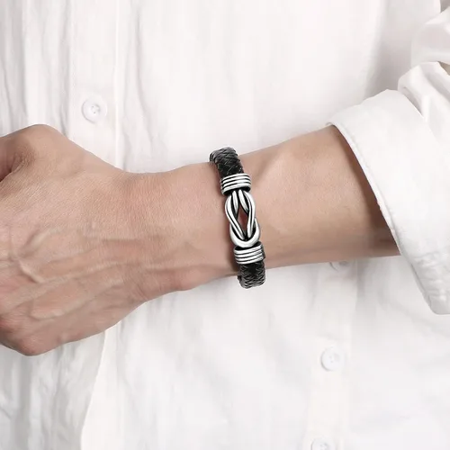 Vista 4 de Pulsera de cuero trenzado negro para hombre, papá, marido, novio, hijo, nieto, hermano, para siempre, vinculado para Navidad, cumpleaños, día
