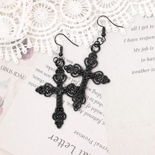 Vista 7 de Sacina Aretes de cruz gótica, aretes negros, aretes góticos, aretes góticos, joyería de cosstume, aretes de Halloween, regalo gótico de joyería