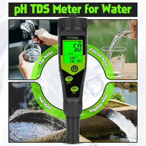Vista 7 de Probador de Sal para Piscina, Medidor Digital 5 en 1 de pH, TDS, EC y Salinidad con Kit de Solución de Calibración, Visualización Simultánea de ppm