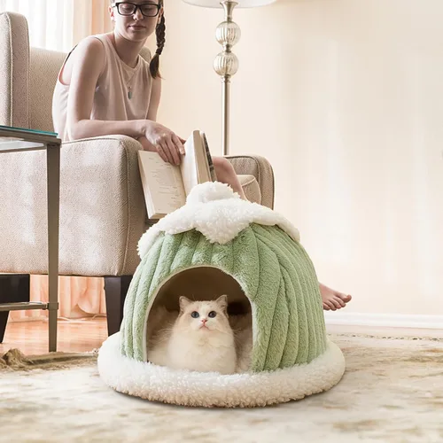 Vista 7 de Cama tipo cueva para gatos, bonita casa de gato de dibujos animados, tienda de campaña pequeña con almohada extraíble lavable, cama cálida para Verde