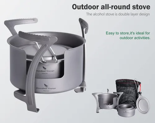 Vista 6 de Boundless Voyage Estufa de alcohol de titanio con cubierta contra incendios, estufa de leña al aire libre con soportes, para camping, Juego