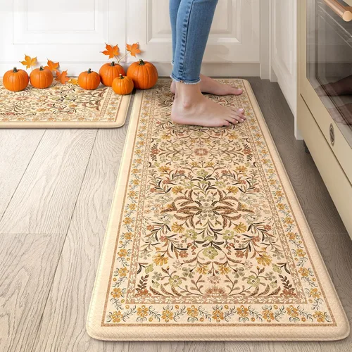 Vista 22 de Collive Tapete Anti Fatiga para Piso de Cocina, Tapetes de Cocina con Diseño Floral Primaveral para Piso Juego de 2, Alfombras para Fregadero Beige