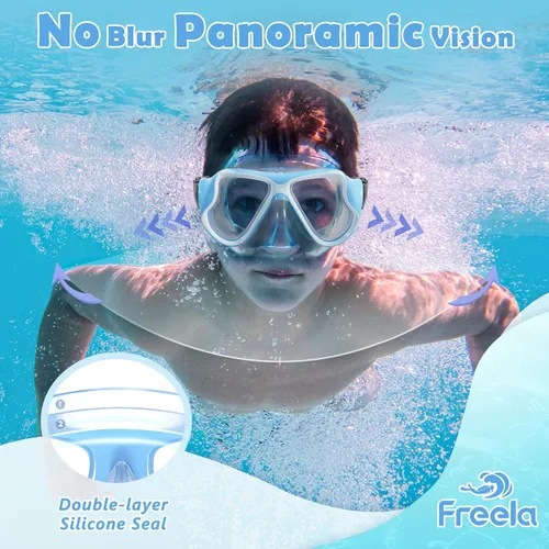 Vista 3 de Freela Paquete de 2 gafas de natación para niños y niñas de 3 a 14 años, lente de vidrio templado de 180° HD con cubierta de nariz para piscina