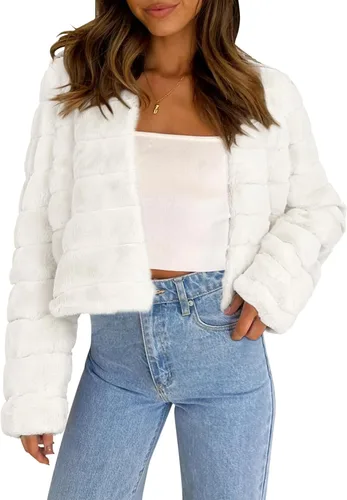 Vista 16 de Allegra K Abrigo chaqueta de piel sintética para mujer de manga larga recortado esponjoso sin cuello casual cálido de invierno ropa exterior