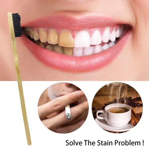 Vista 5 de Cepillo de dientes de carbón de bambú extra duro y firme, cabeza larga con mango ancho grueso, blanqueamiento de dientes, paquete de 12
